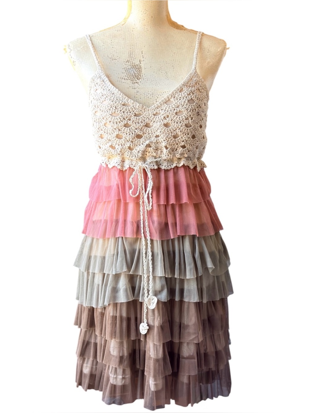 Jou Jou Pink, Cream & Brown Tiered Ruffle Mini Dress